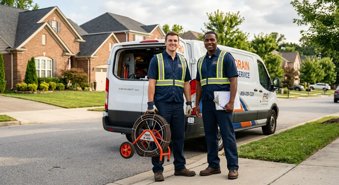 Sewer and drain service team with equipment ready for work in Bloomington