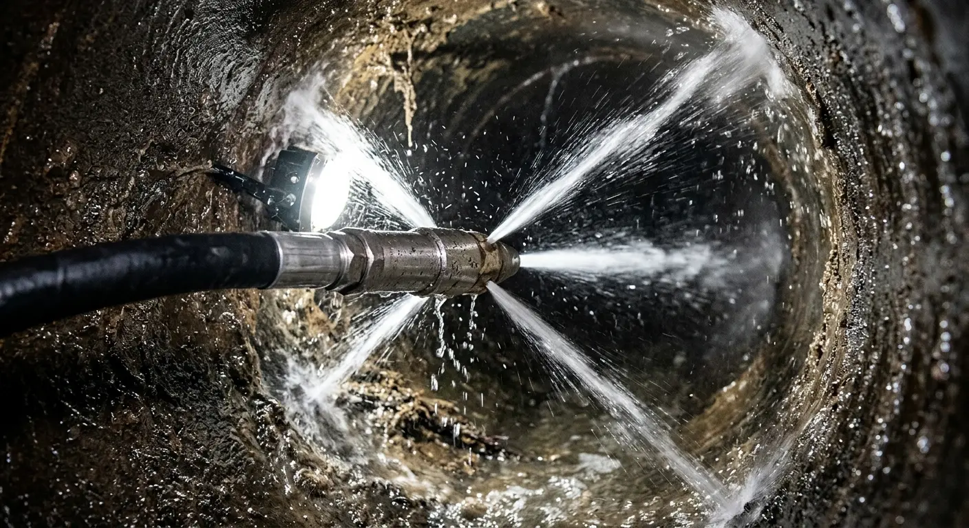 High-pressure hydro jetting nozzle cleaning sewer pipe for Trenchless Sewer Repair in Bloomington